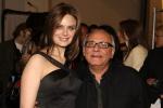 Actress Emily Deschanel and designer Max Azria backstage at the Herve Leger By Max Azria Fall 2008 fashion show during Mercedes-Benz Fashion Week Fall 2008 at The Promenade at Bryant Park on February 3, 2008 in New York City.